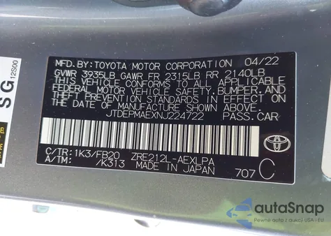 2022 Toyota Corolla Le z USA, uszkodzony, nr VIN JTDEPMAEXNJ224722